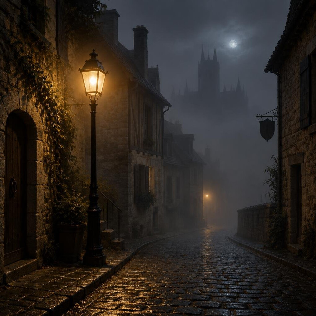 Foggy cobblestone street at night