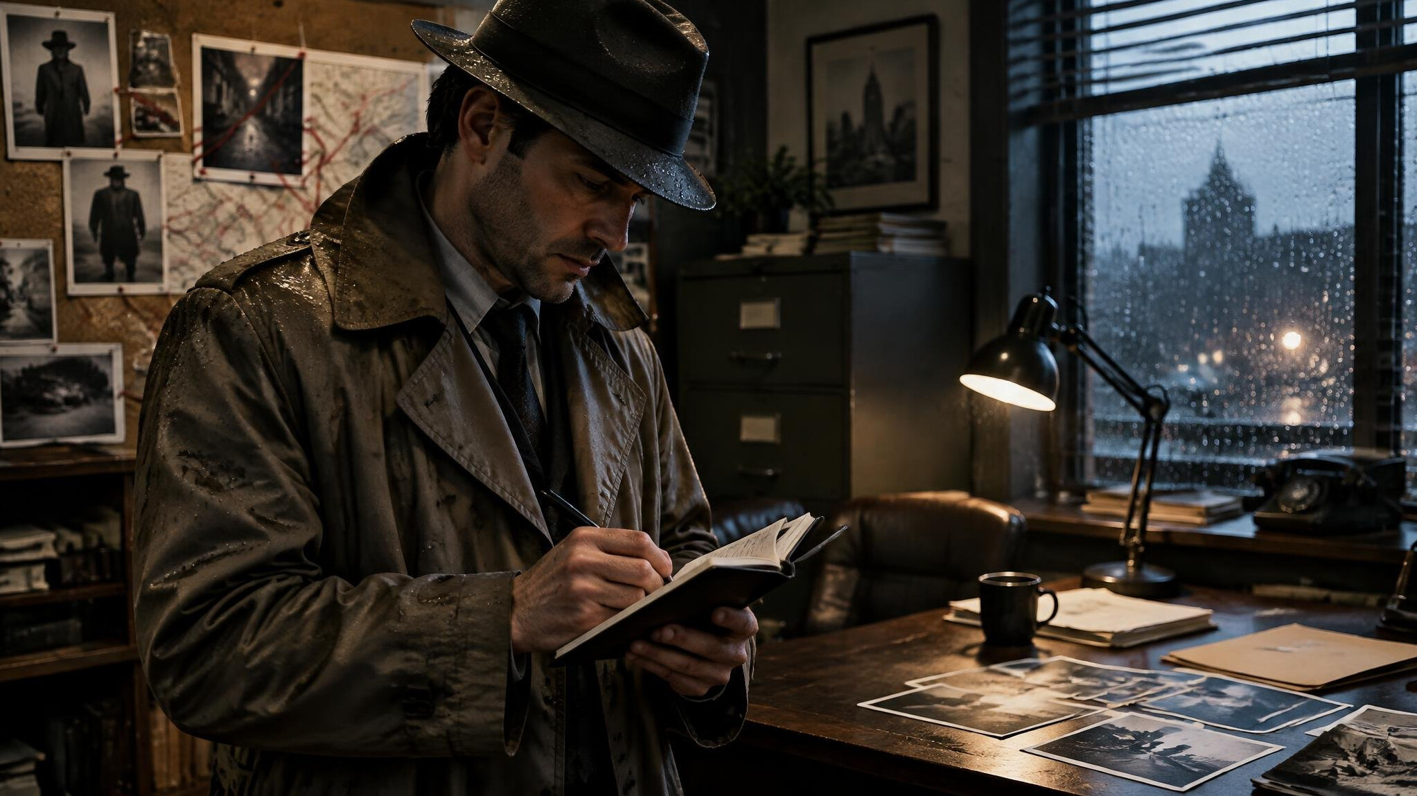 detective in raincoat investigating