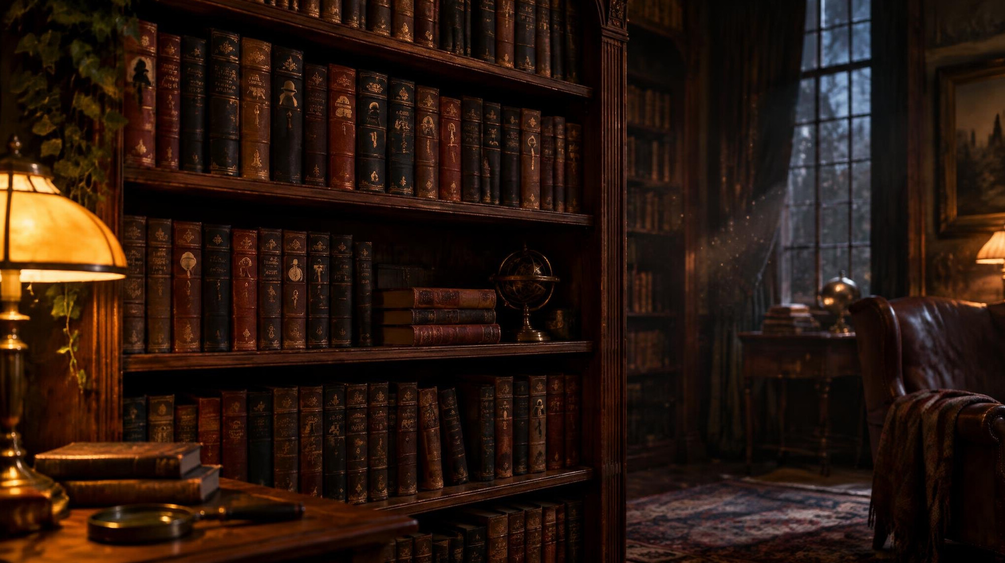 Old bookshelf filled with leather-bound novels