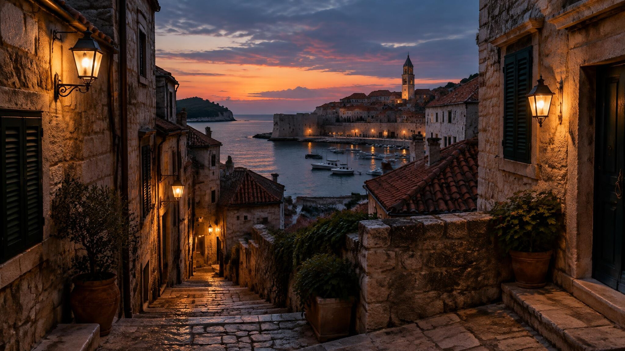 Old Croatian coastal town at dusk