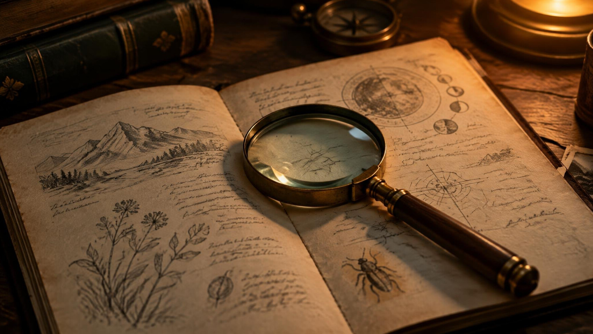 Notebook with handwritten notes and a magnifying glass