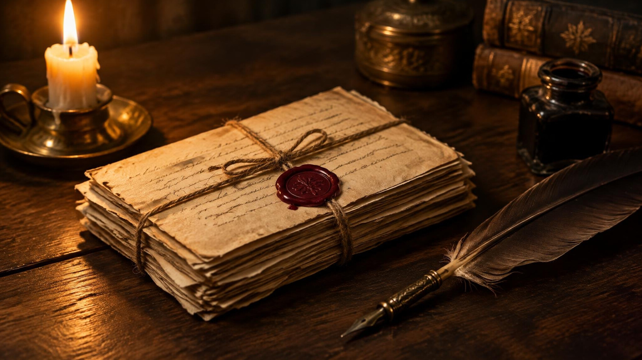 Old letters tied with string and a quill pen