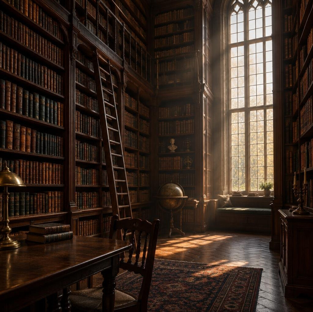 Old library interior with tall bookshelves