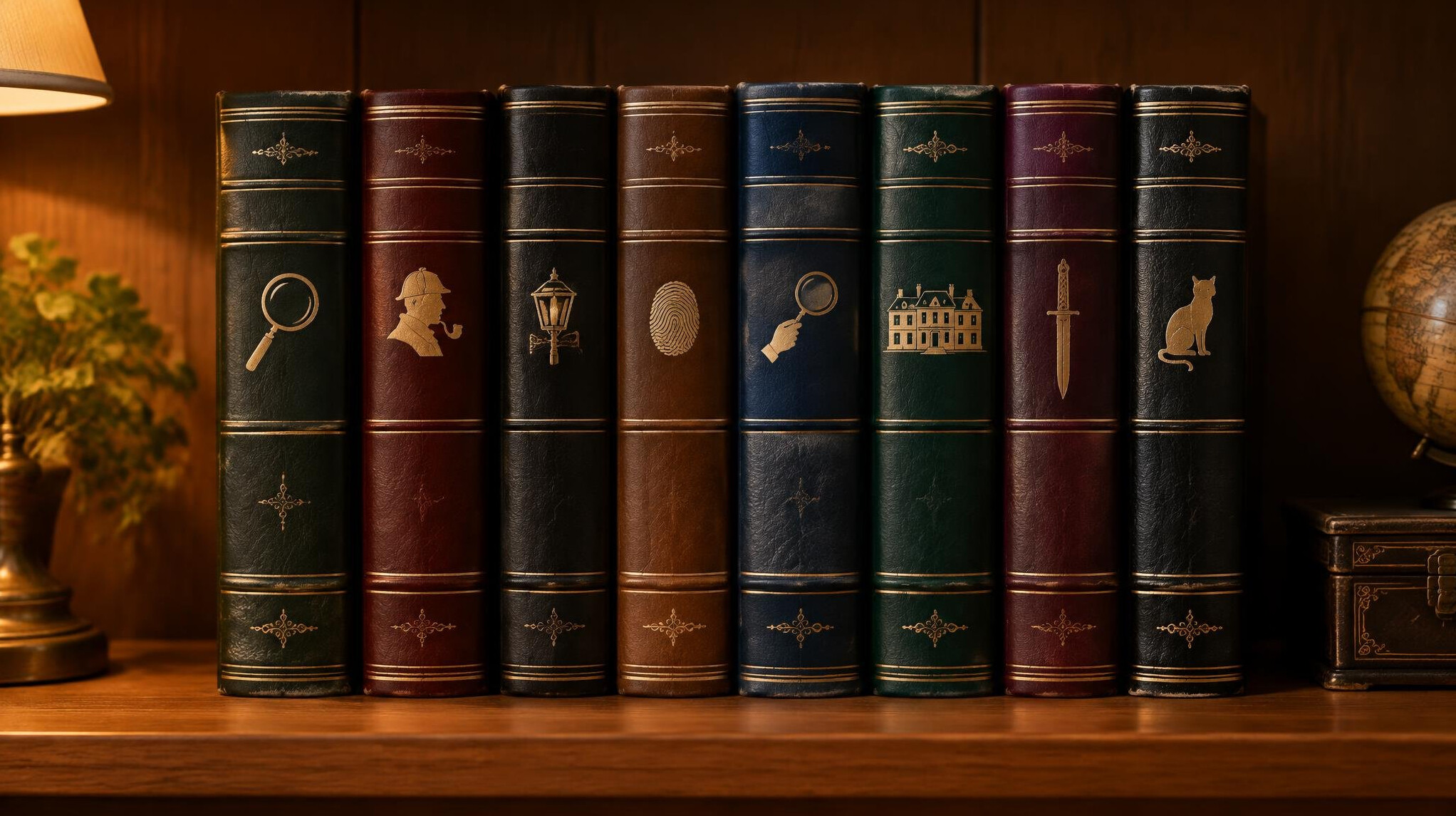 Row of leather-bound novels on a wooden shelf