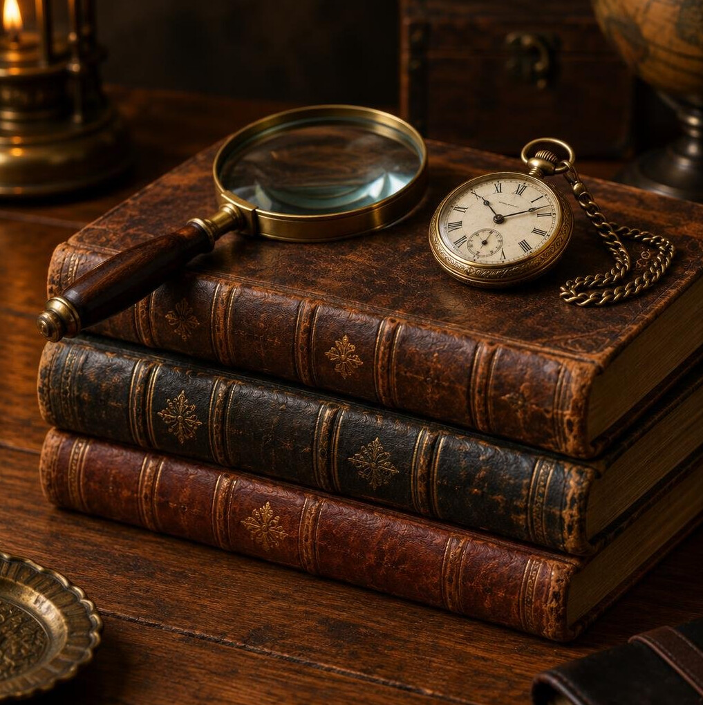 Stack of old books with a magnifying glass and pocket watch