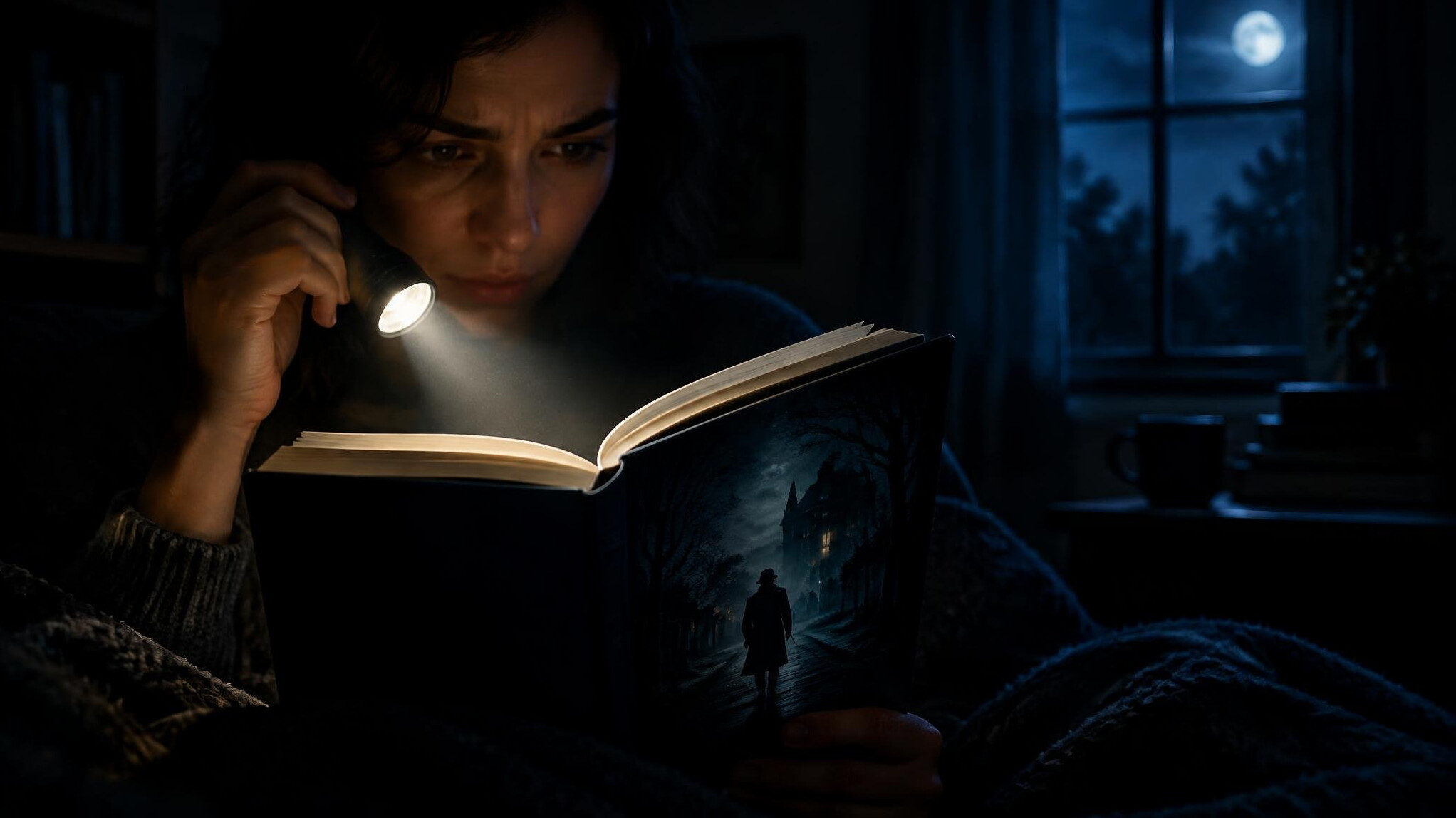 person reading mystery book at night