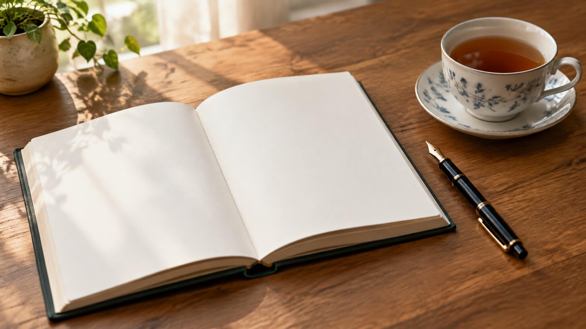 Open book with a fountain pen and tea