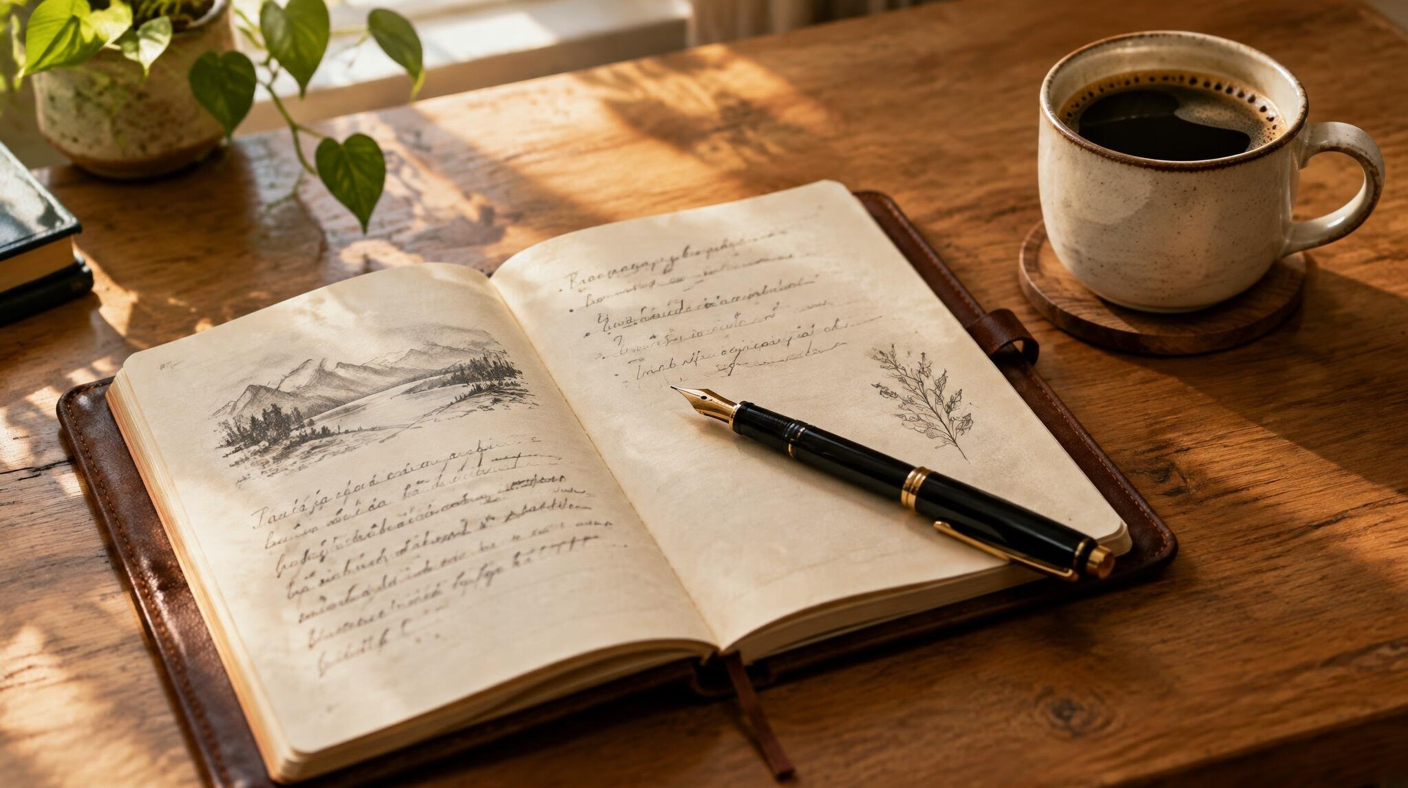 Open journal with a pen and a cup of coffee