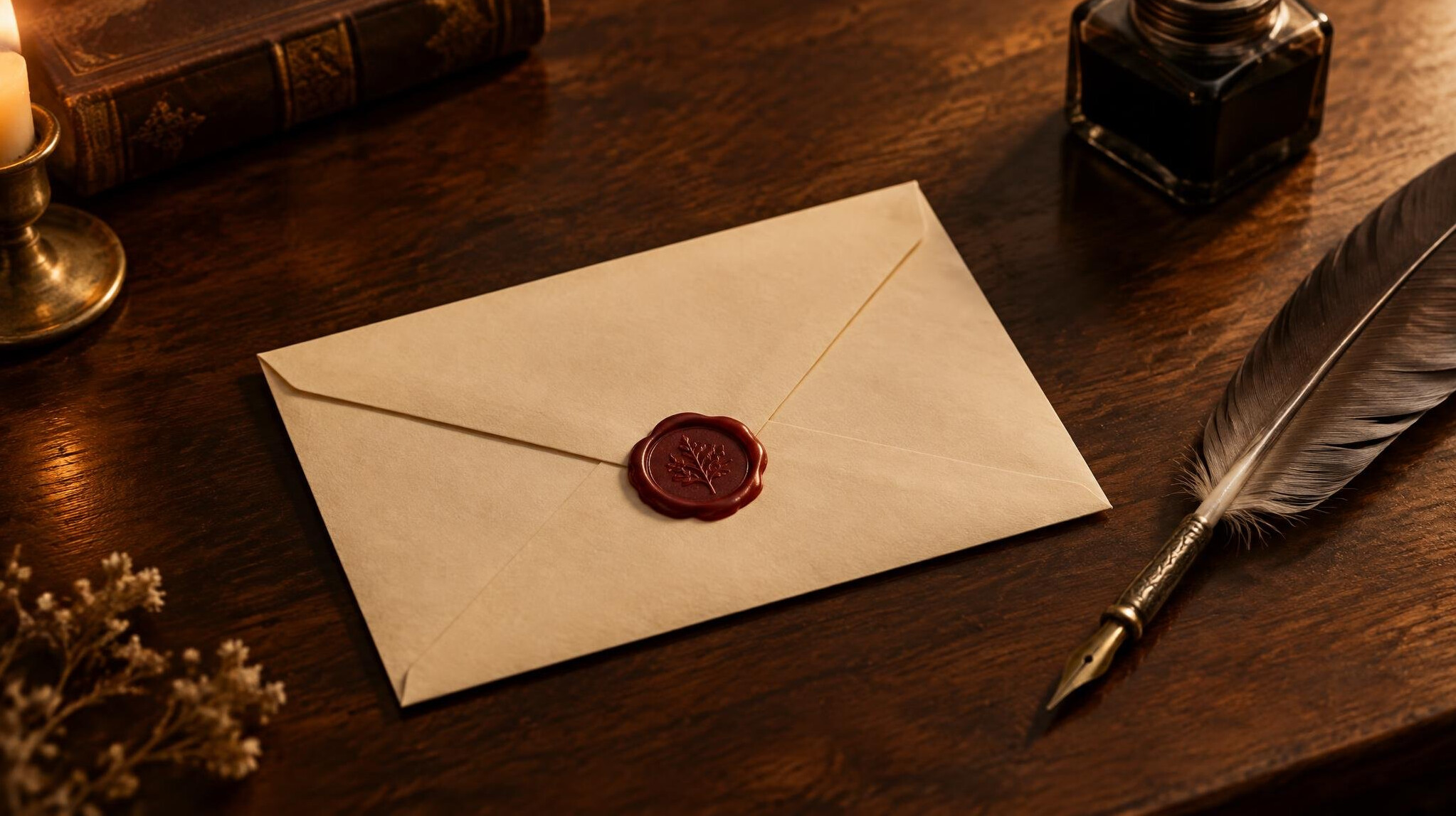Envelope and sealed letter on a wooden table