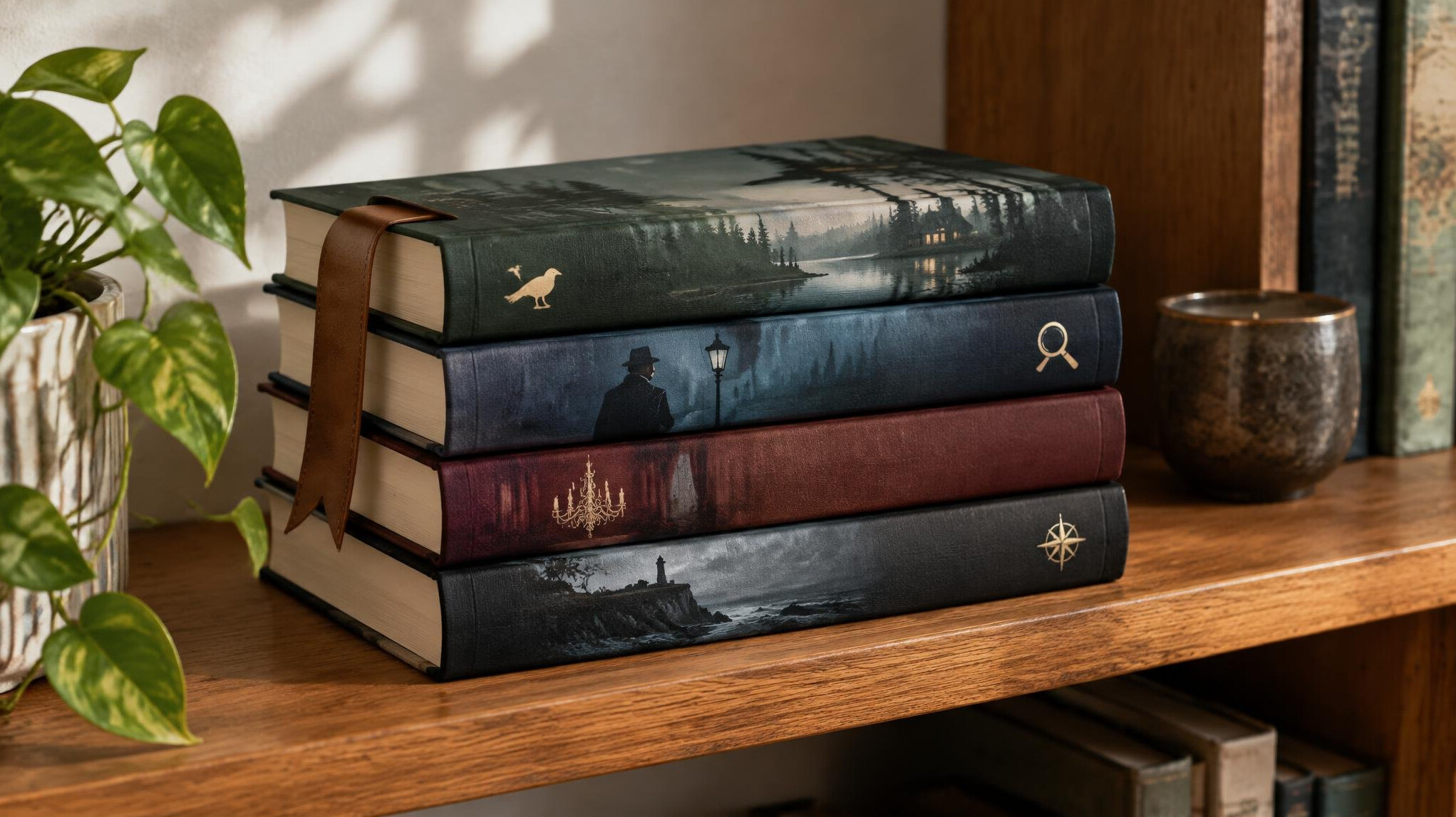 Stack of hardcover mystery novels with a bookmark