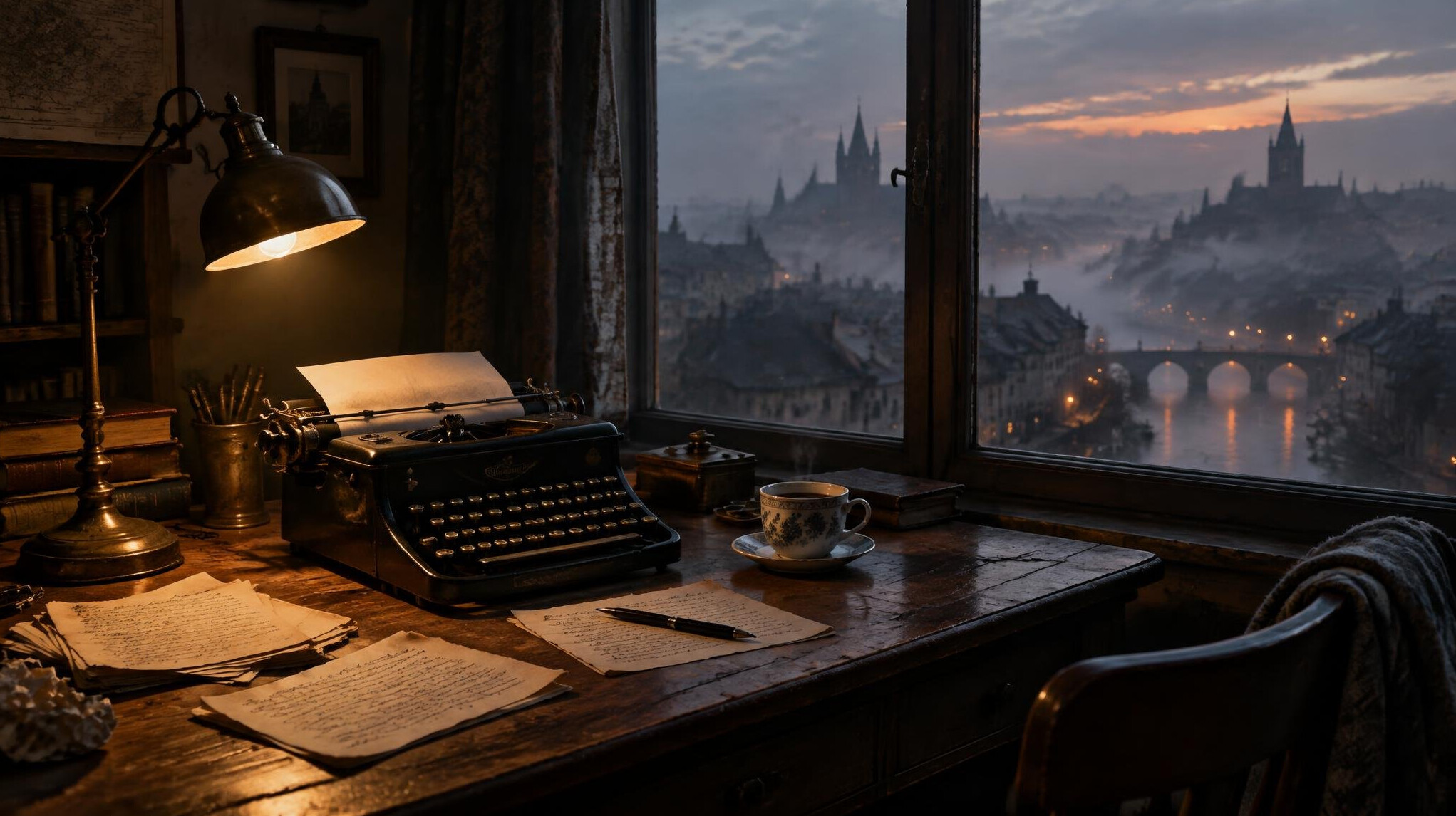 Vintage typewriter on a wooden desk at dusk